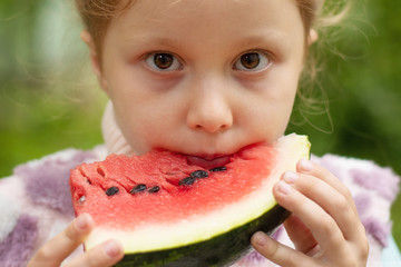 cute little girl eating watermelon on the grass in summertime