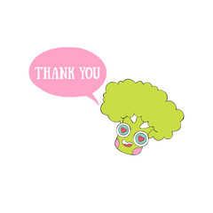 Thank you. Sweet broccoli. Vegetable cartoon. Dialog cloud. Lettering. Isolated vector object on a white background.