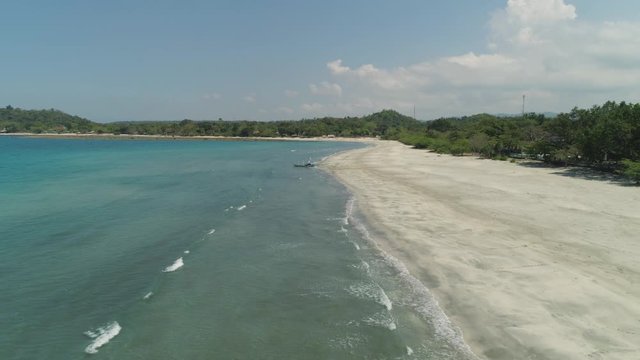 Beautiful tropical beach Cabugao with white sand and palm trees in the Philippines, Luzon. Aerial view of coast with beach and turquoise water.