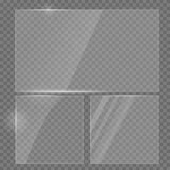 Glass plate realistic vector set. Glass transparent banners set. Realistic window mockup. 