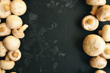 Mushrooms isolated on a dark background. Mushrooms on the table.
