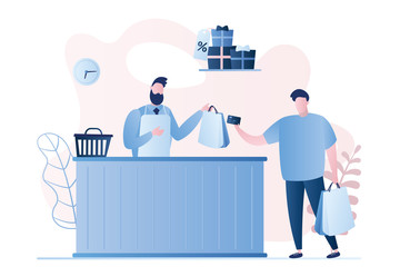 Male buyer and seller in a store, payment by card,character with shopping bags in hands