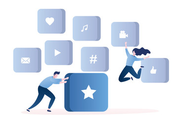 Man give button with star symbol and happy girl jumping,profile rating.
