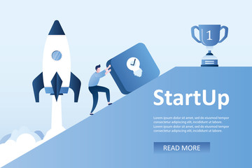 Businessman picks up a button with idea bulb sign,winner cup on top,spaceship take off,