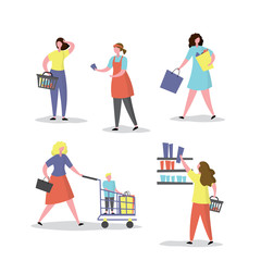 Female characters in various poses with shopping bags and cart.Set of lady shoppers,