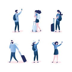 Set of people travelers,male and female characters with backpacks,suitcases and smartphones