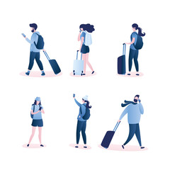Set of people travelers,male and female characters with backpacks,suitcases and smartphones