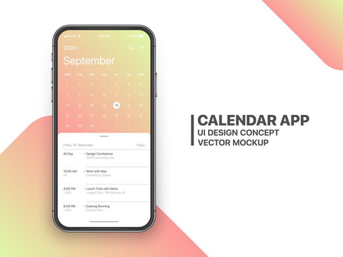 Calendar App Concept September 2020 Page with To Do List and Tasks UI UX Design Mockup Vector on Frameless Smartphone Screen Isolated on White Background. Planner Application Template for Mobile Phone