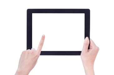 Young beautiful girl holding a black tablet pc template with white screen isolated on white background, close up, mock up, clipping path, cut out