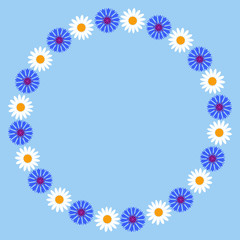 Fototapeta na wymiar Decorative floral round frame with wild flowers daisies and cornflowers. Vector illustration EPS10. The brush is attached to the file.