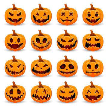 Set pumpkin on white background. The main symbol of the Happy Halloween holiday. Orange pumpkin with smile for your design for the holiday Halloween. Vector illustration.	