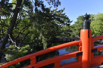 The gracefully arched Taiko-bashi bridge (also Taikobashi or Sorihashi Bridge)  standing on the pond in front of the Sumiyoshi Taisha, Osaka, Japan.