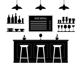 Silhouette of a cafe with furniture, a bar and menu. Vector black and white stencil. The interior of the bar.