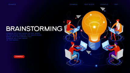 Brainstorm. Team in search of new solutions ideas. Internet assistant. Effective online promotion. Coordinated team work in the company. Remote Manager. Flat isometric vector illustration.