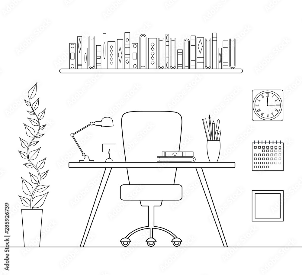 Wall mural Head office in a linear style. The interior of the study room or personal office in an outline, style. Vector coloring page.