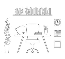 Head office in a linear style. The interior of the study room or personal office in an outline, style. Vector coloring page.