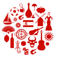 Set of silhouettes on the Spanish theme. Stencil of the famous symbols of Spain. Simple single color vector travel icons.