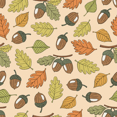 Vector hand drawn seamless pattern with colorful autumn leaves and acorns