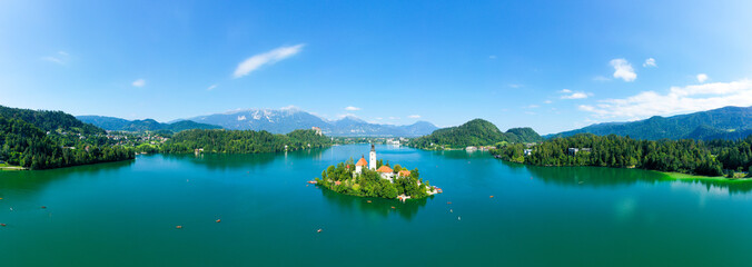 Lake Bled and the Church island of the assumption of Mary, Aerial image on a beautiful Slovenian summer day.