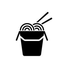 Chinese noodles in paper box and chopsticks glyph icon. Wok noodles. Silhouette symbol. Negative space. Vector isolated illustration
