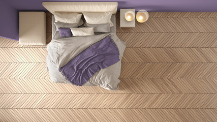 Fototapeta na wymiar Comfortable colored modern white and violet bedroom with wooden herringbone parquet floor, bed with blanket and pillows, minimal interior design, plan, top view, above