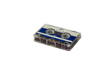 vintage blue small tape cassette closeup isolated on white background