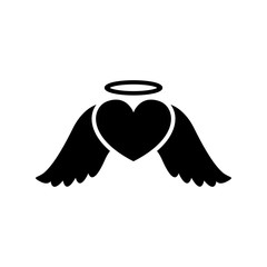 Vector heart with wings icon and halo on top. Flat vector illustration in black on white background. EPS 10