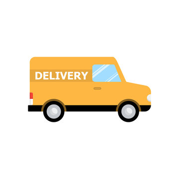 Vector illustration of cartoon delivery van. Isolated on white background. Flat style. Side view, profile. Yellow truck delivery. Cargo auto.