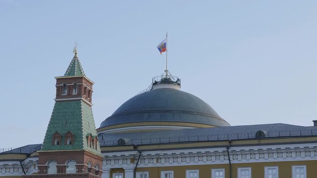 Kremlin Moscow Dome of Senate building Russian Flag tower.