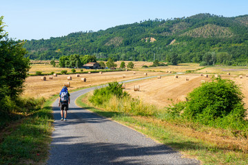 Fototapeta na wymiar Un viaggiatore solitario con lo zaino in spalla cammina lungo una classica strada di campagna italiana