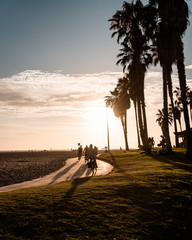 LOS ANGELES, USA - AUGUST 03 2019:  Cyclists at Venice Beach at sunset during the summer in Los...