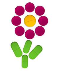 Flower made of multi-colored pills. Organic natural vitamins and food dietary supplements for health and beauty concept, vector icon