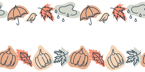 Cute vector seamless border with autumn maple leaves, pumpkins, umbrellas, birds, clouds and rain.