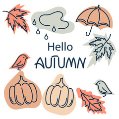 Hello autumn, text. Cute vector illustration with autumn maple leaves, pumpkins, umbrellas, birds, clouds and rain. Hand drawn on white background.