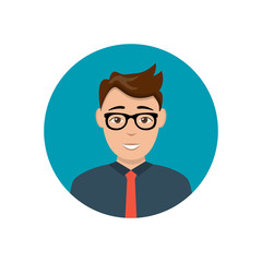 man with smile avatar. cute happy guy face flat icon in blue circle isolated on white. person character, avatar, operator, account. consulting, job online, internet. Call center. help line. Web design