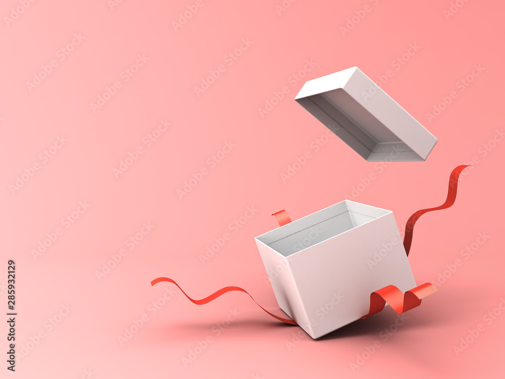 Aufkleber blank open white gift box with red ribbons isolated on pink pastel color background with shadow 3d r