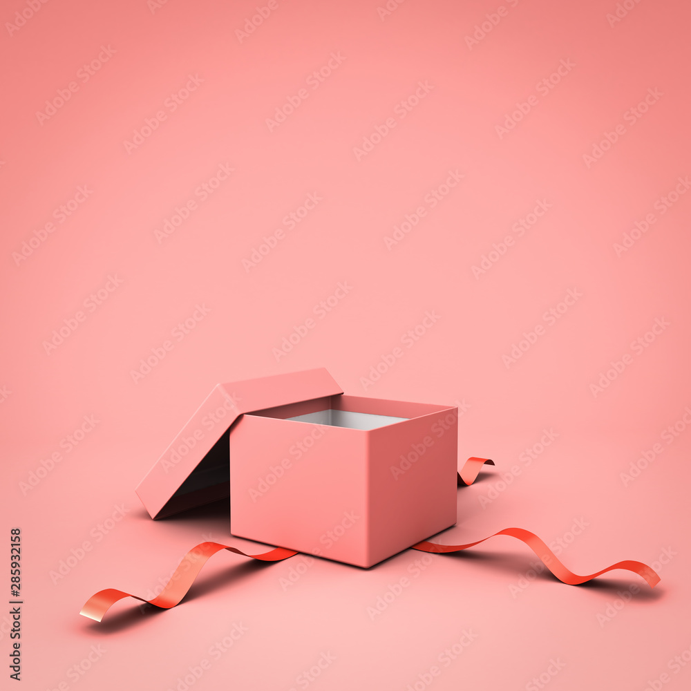 Poster Blank open gift box or present box with red ribbon isolated on pink pastel color background with shadow 3D rendering