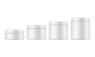 Set of four cosmetic jars mockups isolated on white background. Cosmetics packaging 50ml, 150ml, 200ml, 250 ml. Vector illustration