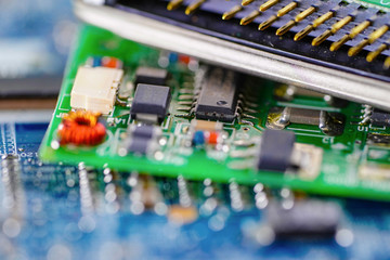 Computer circuit cpu chip mainboard core processor electronics device : concept of data, hardware, technician and technology.