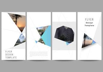 The minimalistic vector illustration of the editable layout of flyer, banner design templates. Creative modern background with blue triangles and triangular shapes. Simple design decoration.