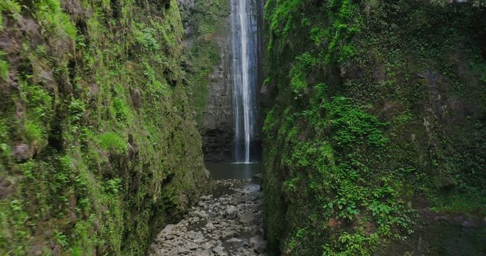 Aerial drone shot of green jungle and waterfall flowing into natural pool