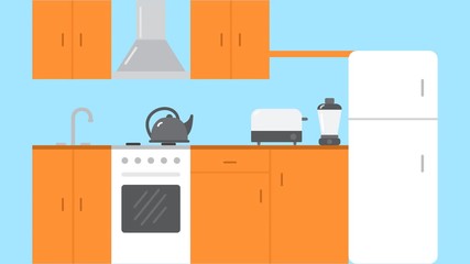 Flat Kitchen Room. Interior with furniture stove, cupboard and fridge. Cooking equipment, tool, utensil and electronics toaster, kettle, blender