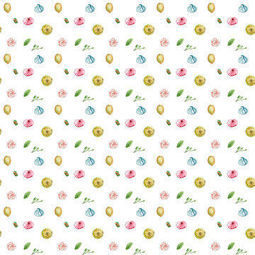 Seamless pattern, watercolor, vanilla flowers, marshmallows, ice cream floral ornament, fruits for texitil, scrap paper, website background
