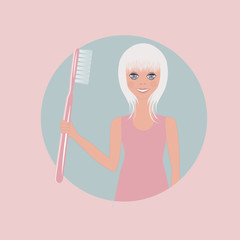 Girl, teenager holds a toothbrush in his hand - vector. Tooth protection. Pediatric dentist icon.