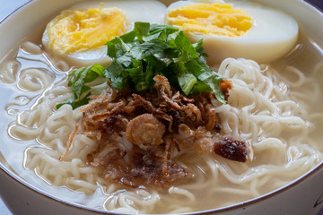 Instant noodle soup on the table.