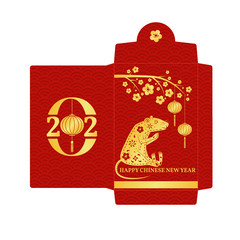 Chinese New Year red envelope flat icon. Vector. Red packet with gold rat and lanterns. Chinese New Year 2020 year of the rat.