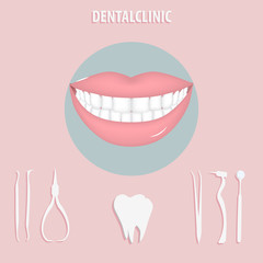 Dentistry - white teeth, smile, beautiful lips - tools set - vector. Tooth protection. Dentist icon.