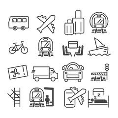 Simple set of minimal public transport related icon such as airplane, bus, train, air mail delivery symbol isolated. Modern outline on white background