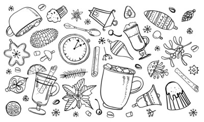 Set with Christmas toys, cups with hot drinks, plants and winter details. Hand drawn outline vector sketch illustration isolated black on white background