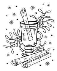Mug with mulled wine, cinnamon and mistletoe on the background. Hand drawn outline vector illustration black on white